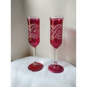 Set Of 2 Bohemian Ruby Etched Luster Crystal Champagne Flute 8"3/4x2"